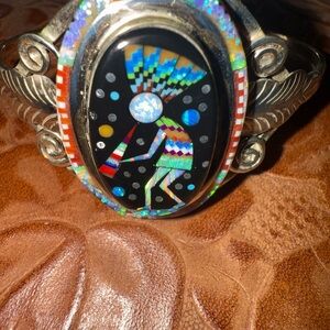 Native American inlay bracelet Sterling and multicolor inlay, stunning detail